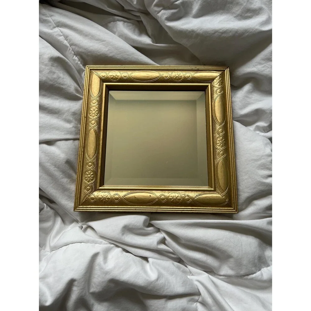 Vintage Engraved Gold Framed Square Mirror